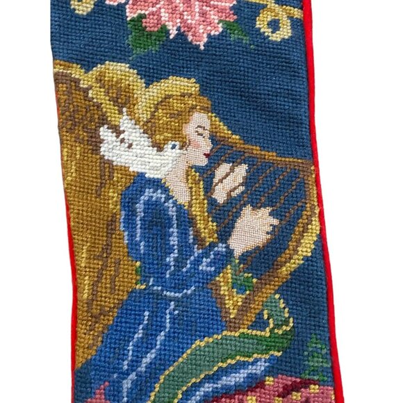 Vintage Heavenly Angel Harp Christmas Stocking Wool Needlepoint Velvet 22 Inch - Picture 3 of 5